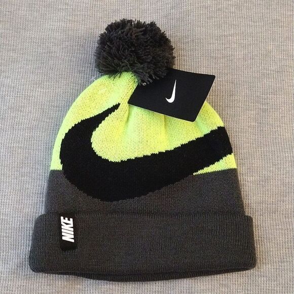 NIKE Big Kid's Volt Yellow Black Swoosh Pom Pom Knit Beanie NWT - Picture 1 of 15